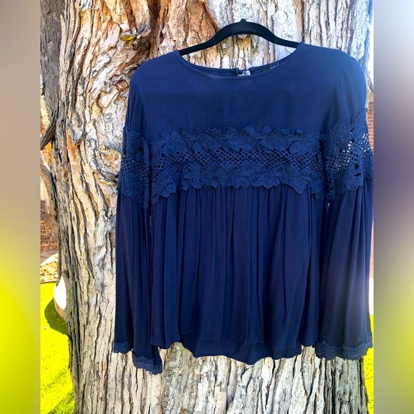 Lumie Brand Empire Rich Blue Blouse Swing Top Lace Embroidery Neiman Marcus Sz M - Picture 5 of 14
